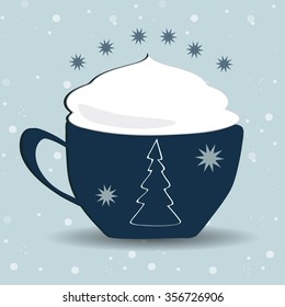 Vector Merry Christmas and Happy New Year card design.cup of coffee with milk.warm holiday.Perfect as invitation,announcement.Hot cappuccino drink.Festive illustration in frame with snow,stars,tree
