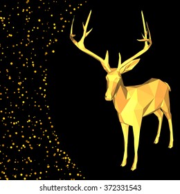 Vector Merry christmas happy new year fancy gold deer shape in hipster origami style. Ideal for xmas card or elegant holiday party invitation. 1