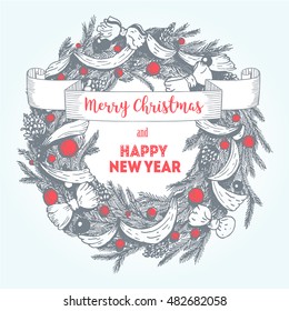 Vector Merry Christmas and Happy New Year hand drawn vintage illustration. Linear graphic. Xmas wreath. Vector image for new year's day, christmas, decoration, winter holiday, design, new year's eve