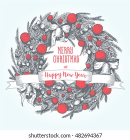 Vector Merry Christmas and Happy New Year hand drawn vintage illustration. Linear graphic. Xmas wreath. Vector image for new year's day, christmas, decoration, winter holiday, design, new year's eve