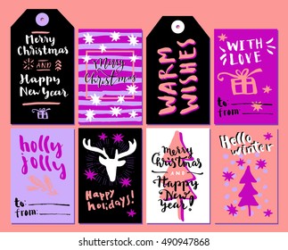 Vector Merry Christmas and Happy New Year calligraphic set of greeting cards. Happy Holidays! Holly Jolly. Merry Christmas. Warm Wishes. Hello WInter. With Love. Merry Christmas calligraphic gift tags
