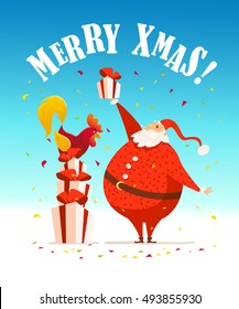 Vector Merry Christmas, Happy New year congratulation design. Santa Claus funny character. Cute rooster portrait. Cartoon style. Good for xmas postcard, card, banner, advertisement, flayer, leaflet.
