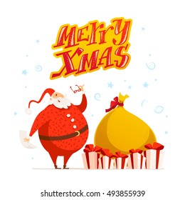 Vector Merry Christmas, Happy New year congratulation design. Santa Claus funny character portrait. Cartoon style. Good for xmas postcard, card, banner, advertisement, flayer, leaflet design.