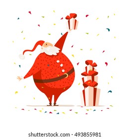 Vector Merry Christmas, Happy New year congratulation design. Santa Claus funny character portrait. Cartoon style. Good for xmas postcard, card, banner, advertisement, flayer, leaflet design.
