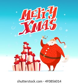 Vector Merry Christmas, Happy New year congratulation design. Santa Claus funny character portrait. Cartoon style. Good for xmas postcard, card, banner, advertisement, flayer, leaflet design.