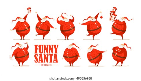 Vector Merry Christmas, Happy New year congratulation design. Santa Claus funny character portrait. Cartoon style. Good for xmas postcard, card, banner, advertisement, flayer, leaflet design.