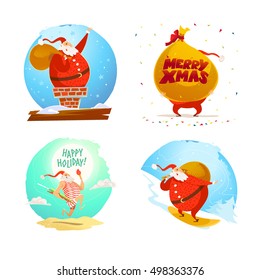Vector Merry Christmas, Happy New year congratulation design. Santa Claus funny character portrait. Cartoon style. Good for xmas postcard, card, banner, advertisement, flayer, leaflet design.