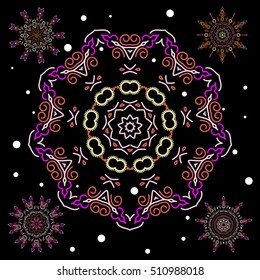 Vector Merry Christmas and Happy New Year lettering quote. Brown and violet snowflakes set on black background. Hand drawn design with abstract winter doodles.