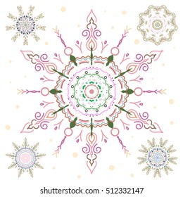 Vector Merry Christmas and Happy New Year lettering quote. Violet snowflakes set on white background. Hand drawn design with abstract winter doodles.