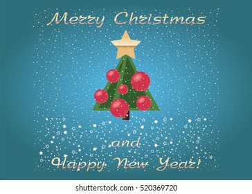 Vector Merry Christmas and Happy New Year postcard. cartoon green tree with snow. Greeting card.