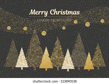 Vector Merry Christmas And Happy New Year Design. Horizontal Card With Geometric And Dotted Christmas Trees In Black, Gold And White Colors.