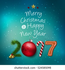 Vector Merry Christmas and Happy New Year 2017 greeting card Label Decorated with Colored Baubles, Stars and Cookies 