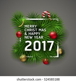 Vector Merry Christmas and Happy New Year 2017 greeting card Label Decorated with Colored Baubles, Stars and Cookies 