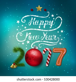 Vector Merry Christmas and Happy New Year 2017 greeting card Label Decorated with Colored Baubles, Stars and Cookies 