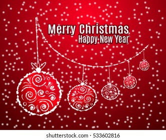 Vector Merry Christmas and Happy New Year  greeting card with abstract swirl Christmas balls.