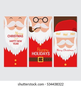 Vector Merry Christmas and Happy New Year greeting card set with cute santa claus designs. Includes holiday patterns and banners. Perfect for gift tags. Santa Claus collection.