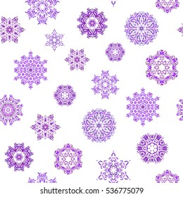 Vector Merry Christmas and Happy New Year lettering quote. Neutral, purple and violet snowflakes on white background poster. Hand drawn design with abstract winter doodles.