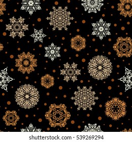 Vector Merry Christmas and Happy New Year lettering quote. Brown and orange snowflakes on black background poster. Hand drawn design with abstract winter doodles.