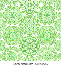 Vector Merry Christmas and Happy New Year lettering quote. Green snowflakes on white background poster. Hand drawn design with abstract winter doodles.