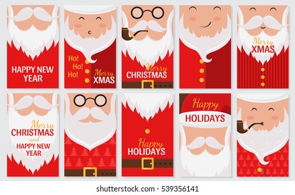 Vector Merry Christmas and Happy New Year greeting card set with cute santa claus designs. Includes holiday patterns and banners. Perfect for gift tags. Santa Claus collection.