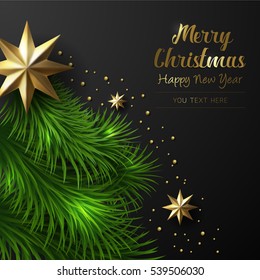 Vector Merry Christmas and Happy New Year greeting card Label Decorated Gold Foil Stars with Free Space for Your Holiday Wishes.