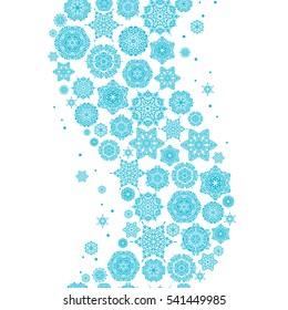 Vector Merry Christmas and Happy New Year lettering quote. Hand drawn design with abstract winter doodles. Green and blue snowflakes on white background poster.