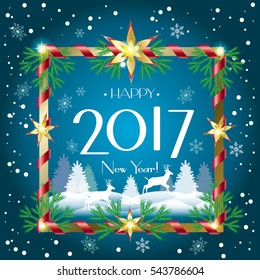 Vector Merry Christmas and Happy New Year greeting cards with glitter, fir tree, reindeer, snowfall, stars, sparkle, falling snowflakes, ribbon, confetti. Christmas decoration Winter Holiday ornament.