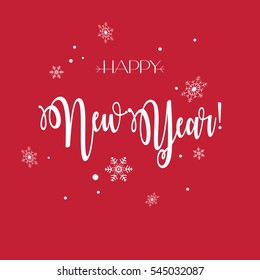 Vector Merry Christmas and Happy New Year greeting card red background with snow snowflakes, calligraphy text Christmas decoration Winter Holiday poster sign wallpaper template social media print 2023