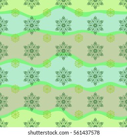 Vector Merry Christmas and Happy New Year 2018 lettering quote. Green snowflakes on wave background poster. Hand drawn design with abstract winter doodles.