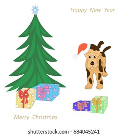 vector of Merry Christmas and Happy New Year greeting card with Cristmas tree, dog in santa Claus hat and gifts