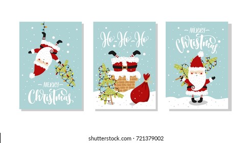 Vector Merry Christmas and Happy New Year greeting card set with cute santa claus and hand drawn lettering.