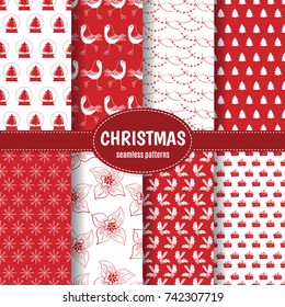 Vector Merry Christmas and Happy New Yea set of retro seamless backgrounds with traditional symbols: Christmas tree, mistletoe, snowflakes, gifts, garlands. Vector collection.