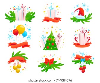 Vector Merry Christmas and Happy New year decoration tradition arrangements isolated on white background. Cartoon style illustration. Good for postcard, congratulation flayer, party invitation, banner