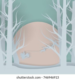 Vector Merry Christmas and Happy New Year,Deer in forest with snow.vector paper art style for the greeting card background and text.
