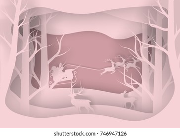 Vector Merry Christmas and Happy New Year,Deer in forest with snow.vector paper art style for the greeting card background and text.