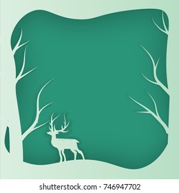 Vector Merry Christmas and Happy New Year,Deer in forest with snow.vector paper art style for the greeting card background and text.