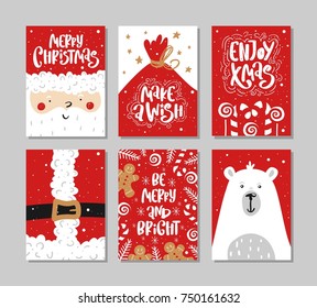 Vector Merry Christmas and Happy New Year greeting card set with calligraphy. Hand drawn design elements. Handwritten modern lettering.