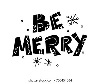 Vector Merry Christmas and Happy new year congratulation design isolated on white background. Folk style lettering, native ornament, black color. Good for xmas banners and memory cards.