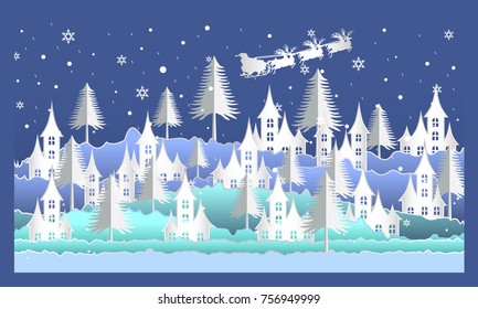 Vector Merry Christmas and Happy New Year. Illustration of Santa Claus on the sky coming to City ,paper art style