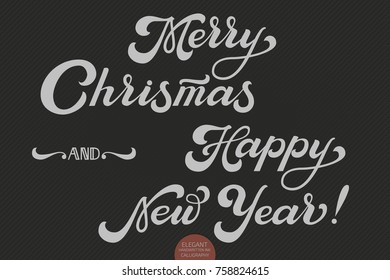 Vector Merry Christmas and Happy New Year text. Calligraphic lettering design card template.Creative typography gift poster for holidays on dark background. Vector Ink illustration. 