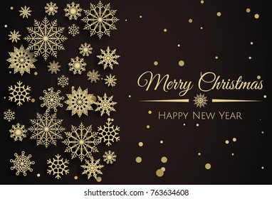 Vector Merry Christmas and Happy New Year  card with gold  snowflakes  on black background.