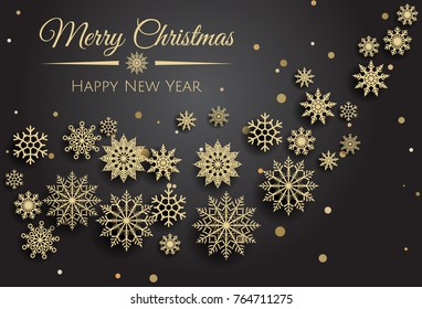Vector Merry Christmas and Happy New Year  card with gold  snowflakes  on black background.
