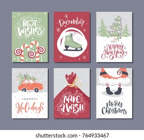 Vector Merry Christmas and Happy New Year greeting card set with Handwritten modern lettering.