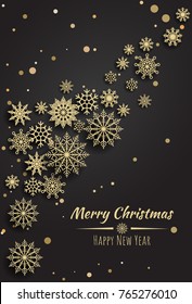 Vector Merry Christmas and Happy New Year  card with gold  snowflakes  on black background.