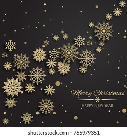 Vector Merry Christmas and Happy New Year  card with gold  snowflakes  on black background.