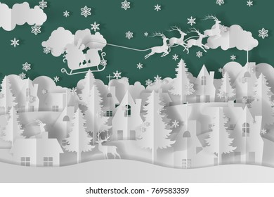 Vector Merry Christmas and Happy New Year.Greeting Card and Snowflakes background , Paper cut with tree and house design. vector illustration.