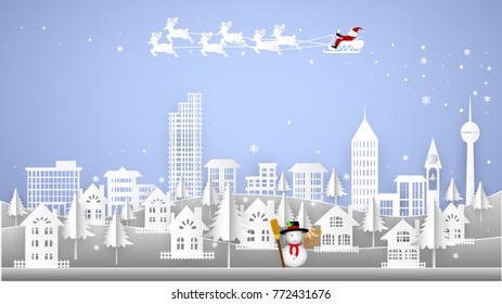 Vector Merry Christmas and Happy New Year. Illustration of Santa Claus on the sky coming to City ,paper art style
