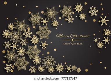 Vector Merry Christmas and Happy New Year  card with gold  snowflakes  on black background.