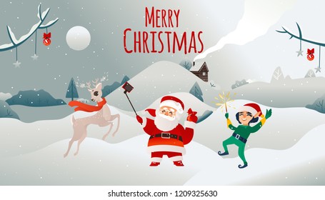 Vector merry christmas holiday poster. Cheerful santa claus in traditional red white clothing, hat doing selfie with elf assistant in green cosume near reindeer in scarf on winter snow background.