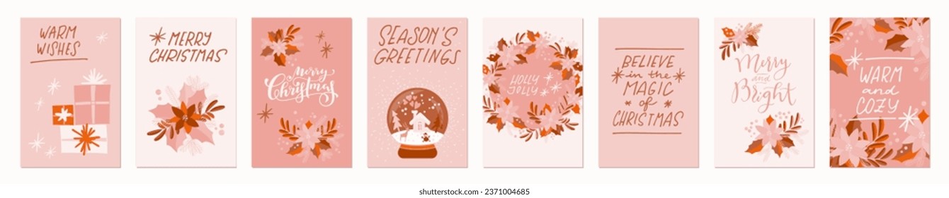 Vector Merry Christmas holiday vintage greeting cards. Cute winter Reindeer, Snowman, Snowflake decoration background in retro style. Xmas postcard templates for social media, print, web, mobile app